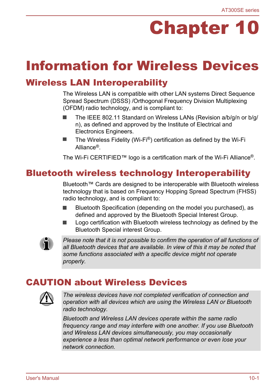 Chapter 10 information for wireless devices, Wireless lan interoperability, Bluetooth wireless technology interoperability | Caution about wireless devices, Chapter 10, Information for wireless devices | Toshiba AT300SE-B User Manual | Page 73 / 80