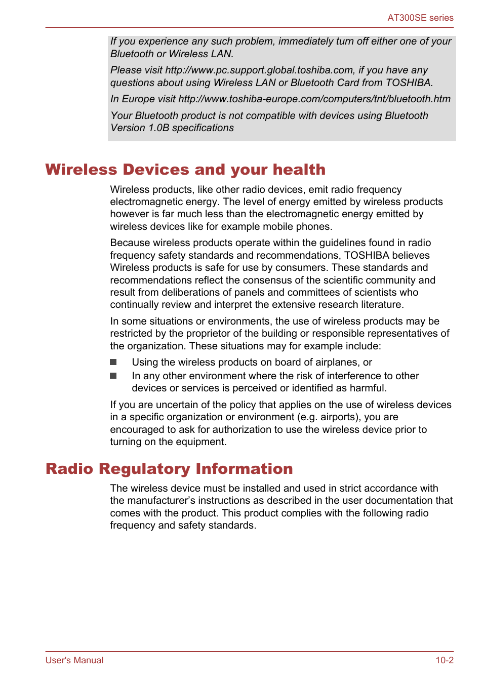 Wireless devices and your health, Radio regulatory information | Toshiba AT300SE-B User Manual | Page 74 / 80