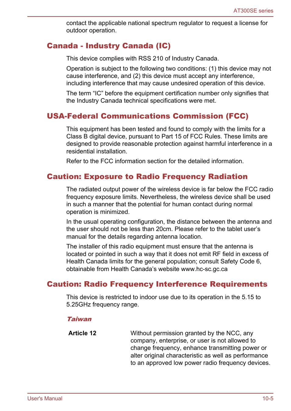 Canada - industry canada (ic), Usa-federal communications commission (fcc), Caution: exposure to radio frequency radiation | Caution: radio frequency interference requirements | Toshiba AT300SE-B User Manual | Page 77 / 80