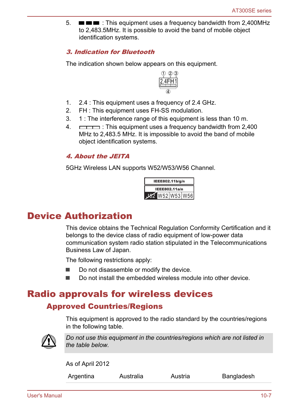 Device authorization, Radio approvals for wireless devices, Approved countries/regions | Toshiba AT300SE-B User Manual | Page 79 / 80