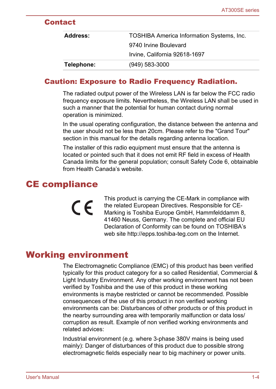 Contact, Caution: exposure to radio frequency radiation, Ce compliance | Working environment, Ce compliance -4 working environment -4 | Toshiba AT300SE-B User Manual | Page 8 / 80