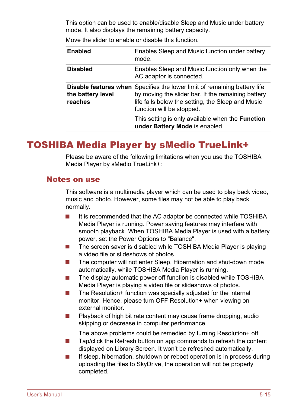 Toshiba media player by smedio truelink, Notes on use, Toshiba media player by smedio truelink+ -15 | Toshiba Satellite P70-A User Manual | Page 110 / 159