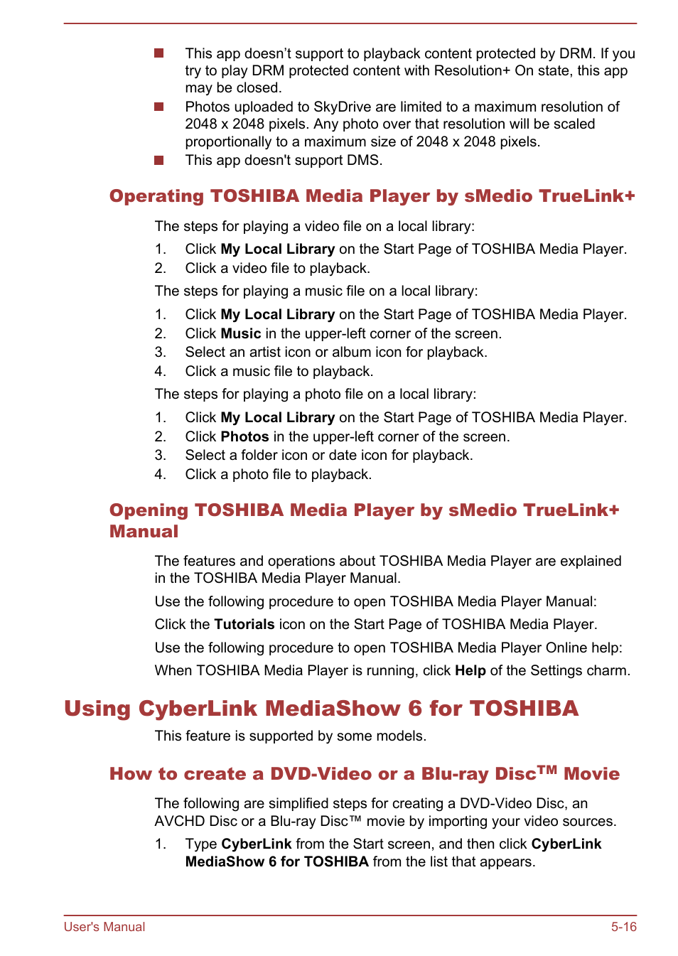 Operating toshiba media player by smedio truelink, Using cyberlink mediashow 6 for toshiba, Using cyberlink mediashow 6 for toshiba -16 | Toshiba Satellite P70-A User Manual | Page 111 / 159