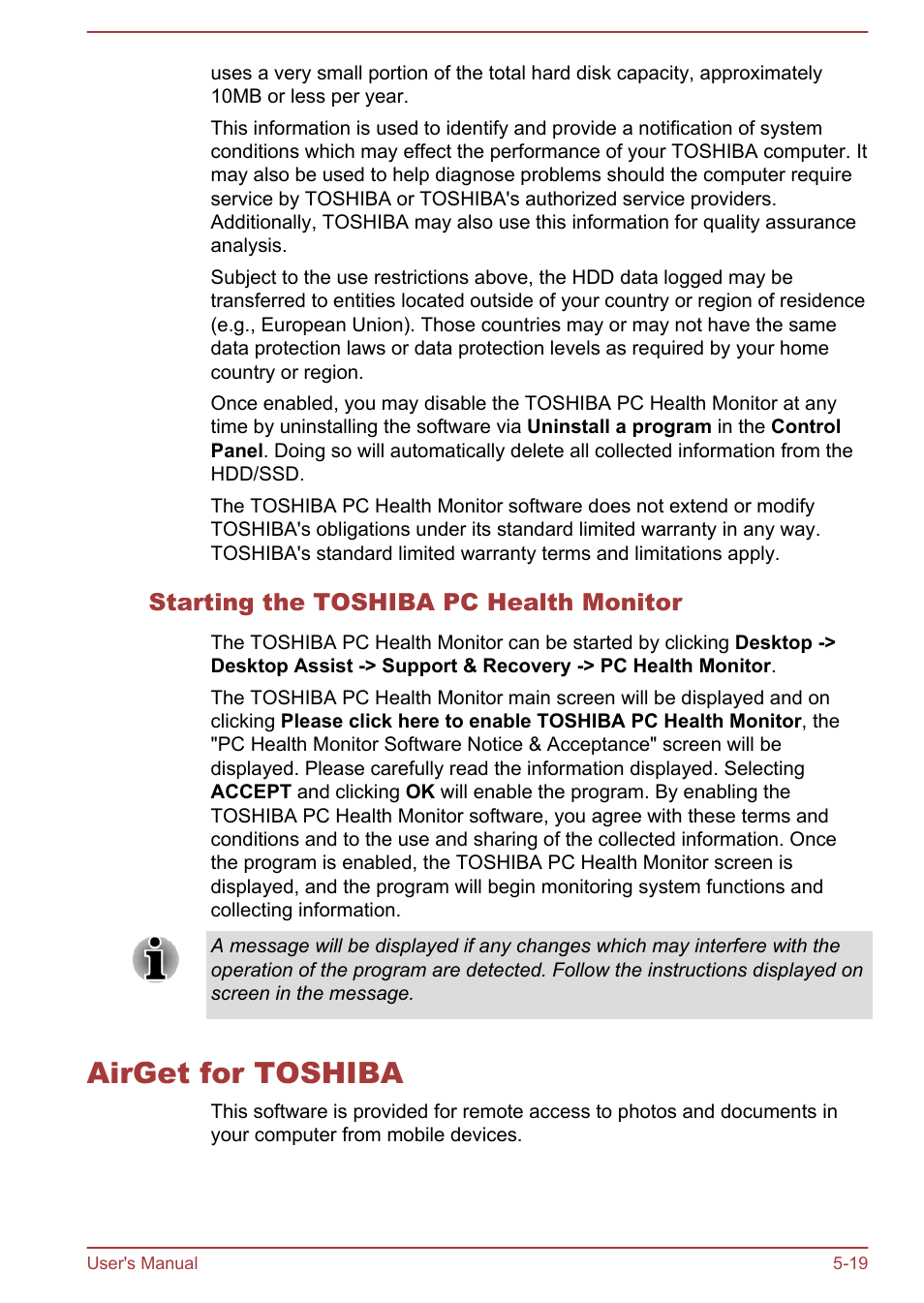 Starting the toshiba pc health monitor, Airget for toshiba, Airget for toshiba -19 | Toshiba Satellite P70-A User Manual | Page 114 / 159