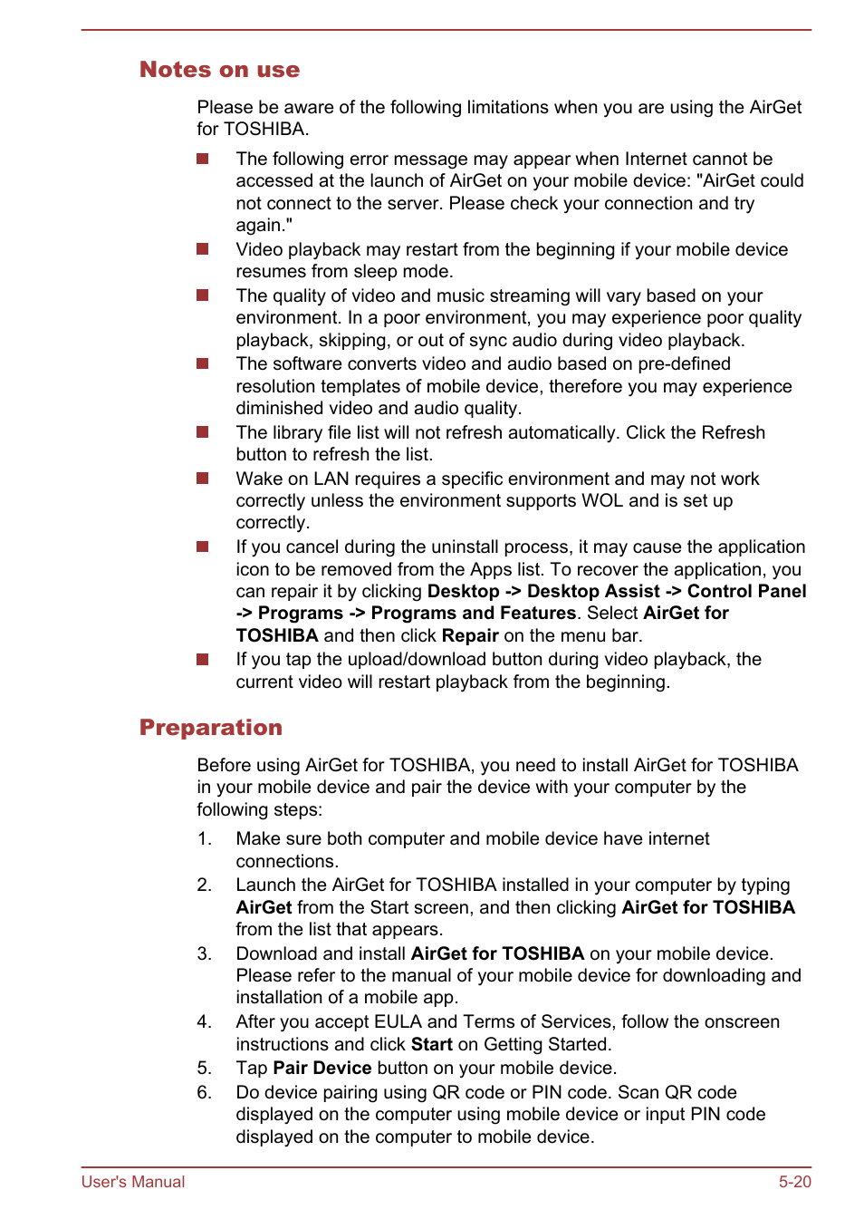 Notes on use, Preparation | Toshiba Satellite P70-A User Manual | Page 115 / 159