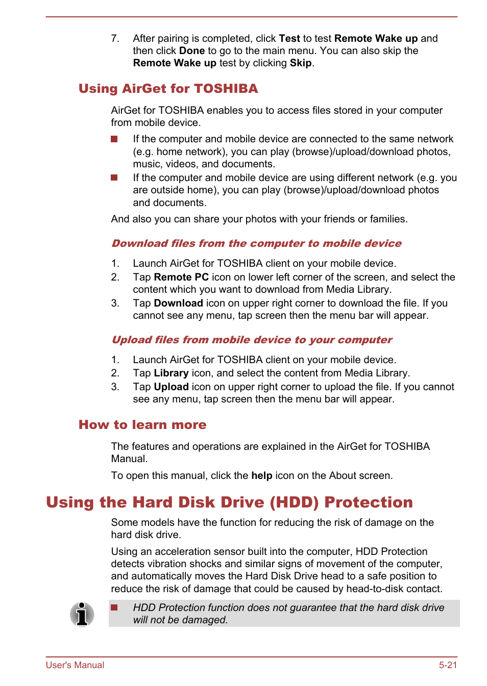 Using airget for toshiba, How to learn more, Using the hard disk drive (hdd) protection | Using the hard disk drive (hdd) protection -21, To-disk contact. refer to the, Using the hard disk, Drive (hdd) protection, Section for more details | Toshiba Satellite P70-A User Manual | Page 116 / 159