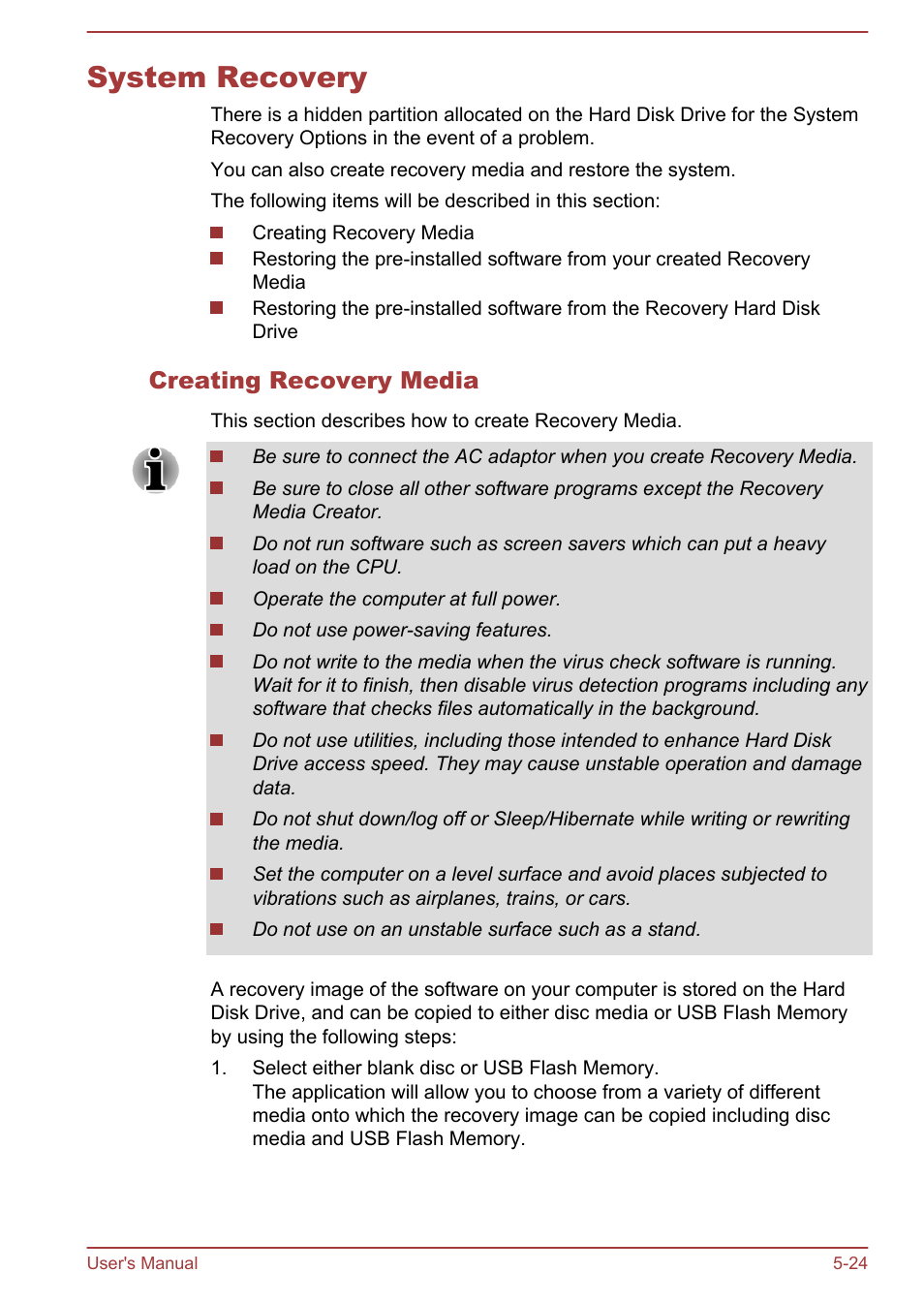 System recovery, Creating recovery media, System recovery -24 | Toshiba Satellite P70-A User Manual | Page 119 / 159