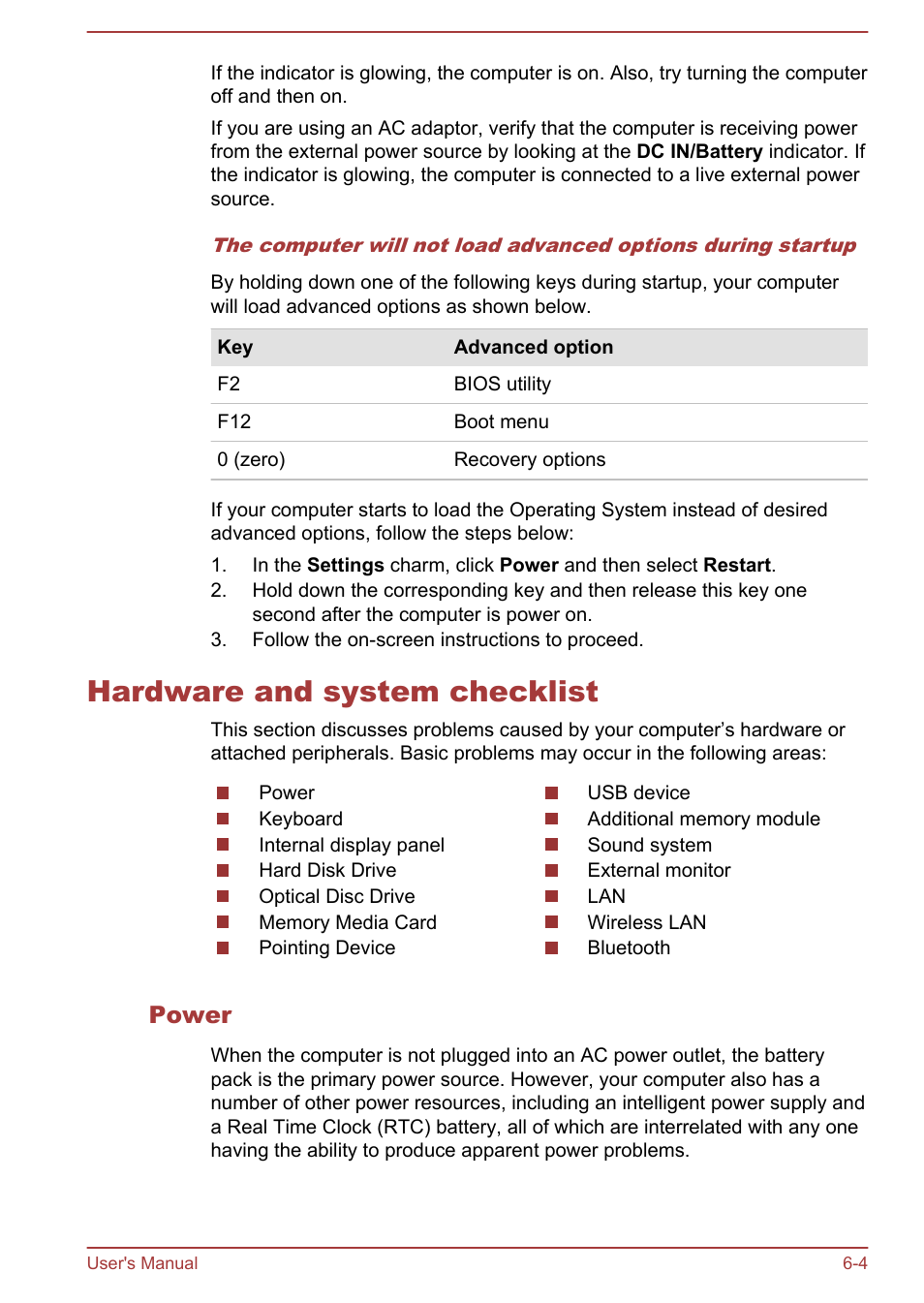 Hardware and system checklist, Power, Hardware and system checklist -4 | Toshiba Satellite P70-A User Manual | Page 126 / 159