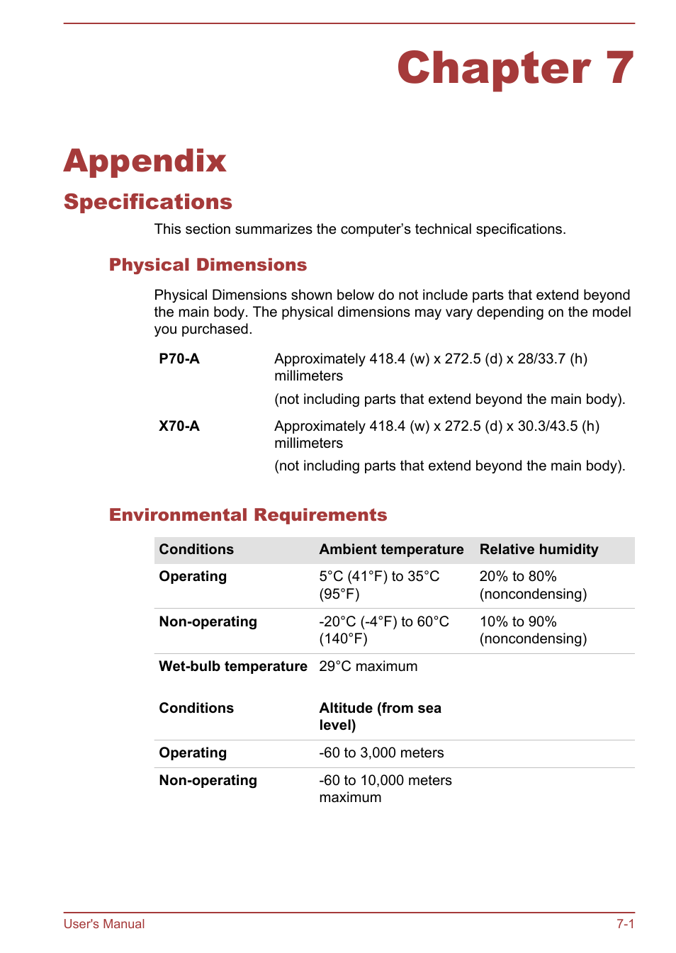 Chapter 7 appendix, Specifications, Physical dimensions | Environmental requirements, Chapter 7, Appendix, Specifications -1 | Toshiba Satellite P70-A User Manual | Page 139 / 159