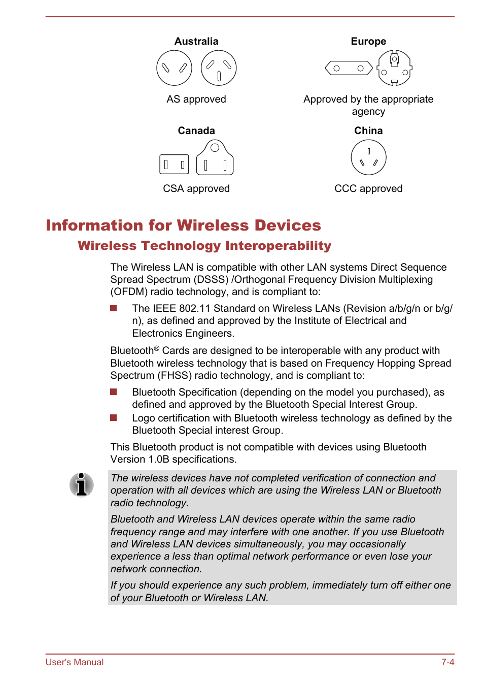 Information for wireless devices, Wireless technology interoperability, Information for wireless devices -4 | Toshiba Satellite P70-A User Manual | Page 142 / 159