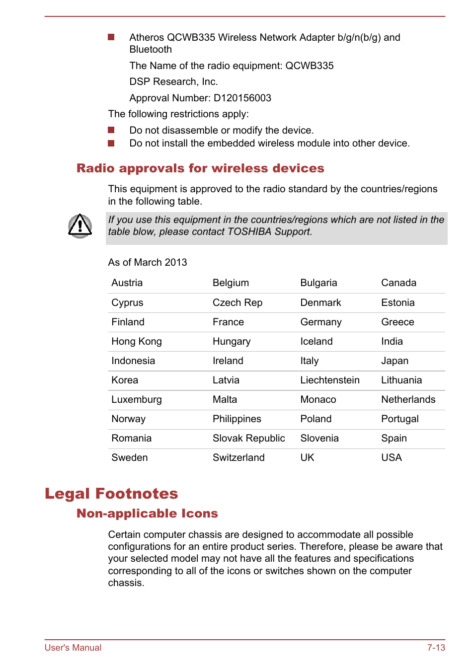 Radio approvals for wireless devices, Legal footnotes, Non-applicable icons | Legal footnotes -13, Legal, Footnotes, Section | Toshiba Satellite P70-A User Manual | Page 151 / 159