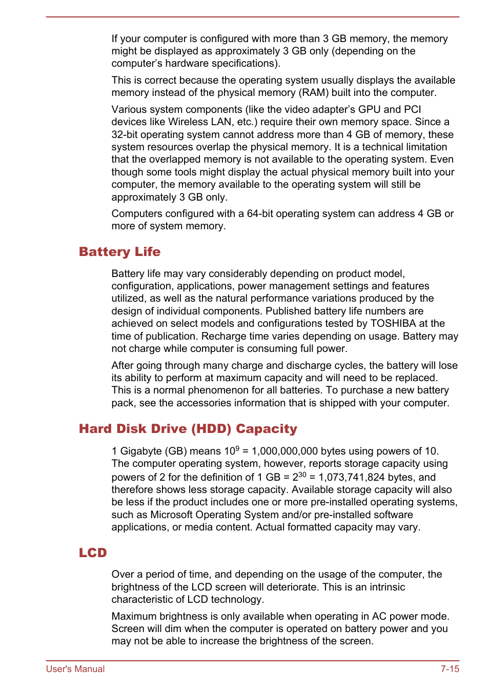 Battery life, Hard disk drive (hdd) capacity | Toshiba Satellite P70-A User Manual | Page 153 / 159