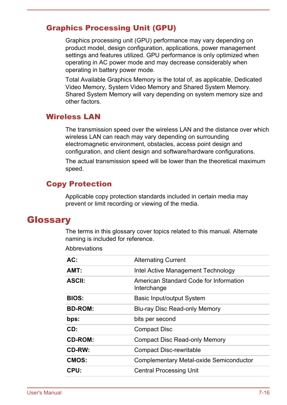 Graphics processing unit (gpu), Wireless lan, Copy protection | Glossary, Glossary -16 | Toshiba Satellite P70-A User Manual | Page 154 / 159