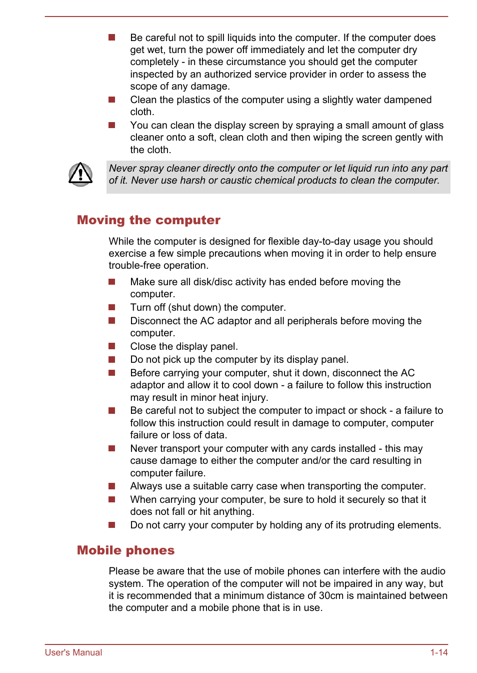 Moving the computer, Mobile phones | Toshiba Satellite P70-A User Manual | Page 17 / 159