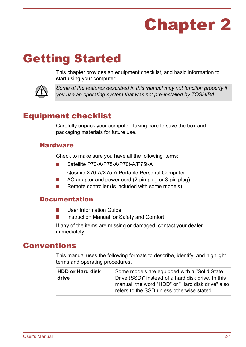 Chapter 2 getting started, Equipment checklist, Hardware | Documentation, Conventions, Chapter 2, Getting started, Equipment checklist -1 conventions -1 | Toshiba Satellite P70-A User Manual | Page 19 / 159