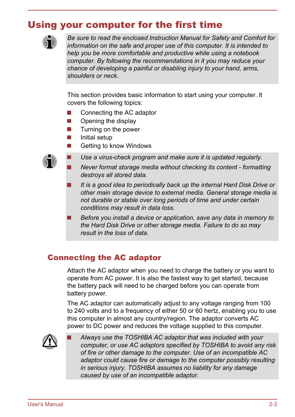 Using your computer for the first time, Connecting the ac adaptor, Using your computer for the first time -3 | Toshiba Satellite P70-A User Manual | Page 21 / 159
