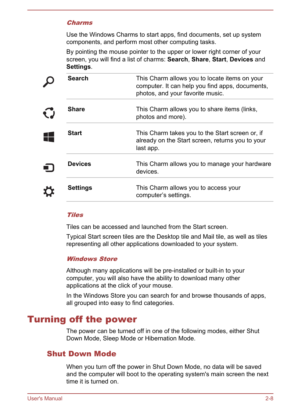 Turning off the power, Shut down mode, Turning off the power -8 | Toshiba Satellite P70-A User Manual | Page 26 / 159