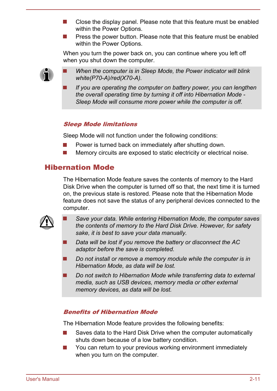 Hibernation mode | Toshiba Satellite P70-A User Manual | Page 29 / 159