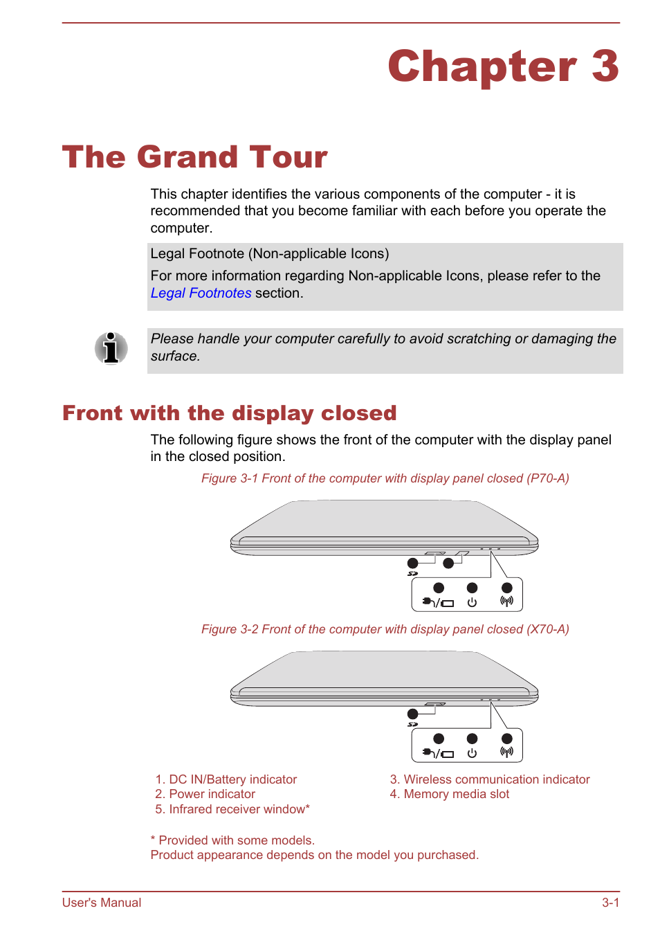 Chapter 3 the grand tour, Front with the display closed, Chapter 3 | The grand tour, Front with the display closed -1 | Toshiba Satellite P70-A User Manual | Page 31 / 159