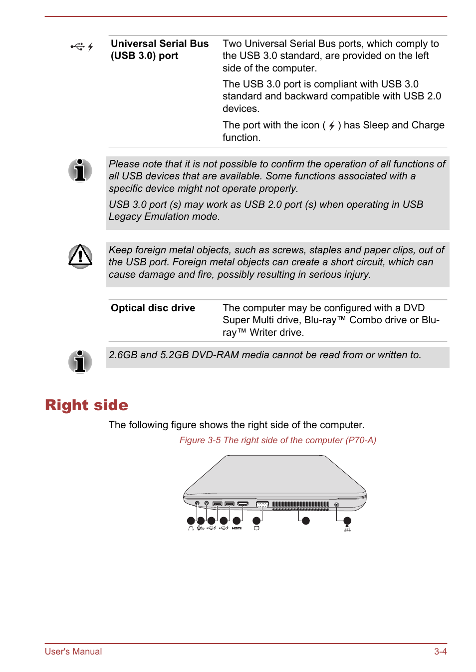 Right side, Right side -4 | Toshiba Satellite P70-A User Manual | Page 34 / 159