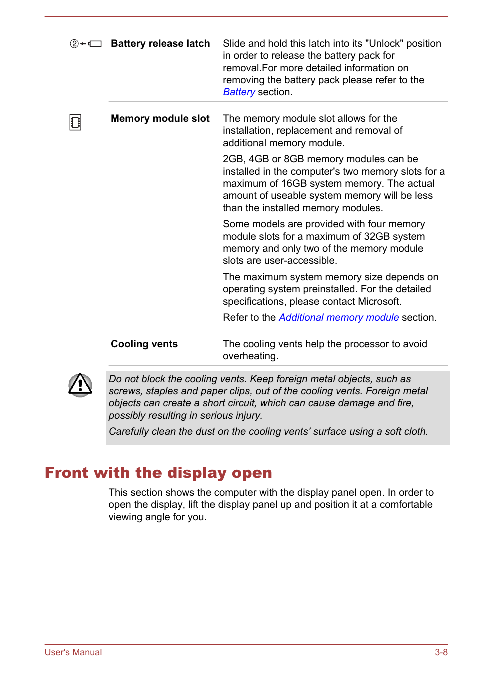 Front with the display open, Front with the display open -8 | Toshiba Satellite P70-A User Manual | Page 38 / 159