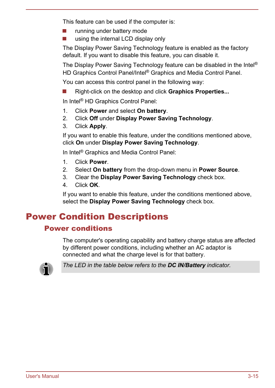 Power condition descriptions, Power conditions, Power condition descriptions -15 | Toshiba Satellite P70-A User Manual | Page 45 / 159