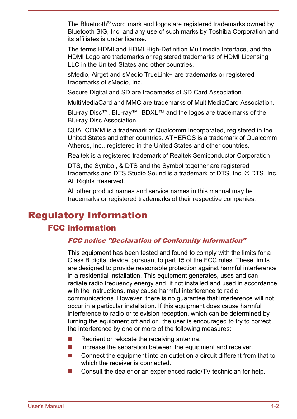 Regulatory information, Fcc information, Regulatory information -2 | Toshiba Satellite P70-A User Manual | Page 5 / 159