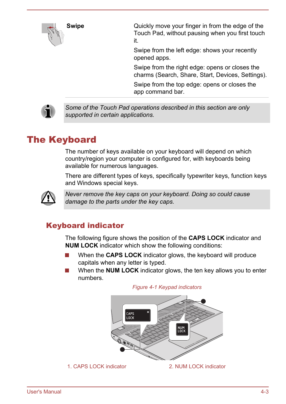 The keyboard, Keyboard indicator, The keyboard -3 | Toshiba Satellite P70-A User Manual | Page 50 / 159
