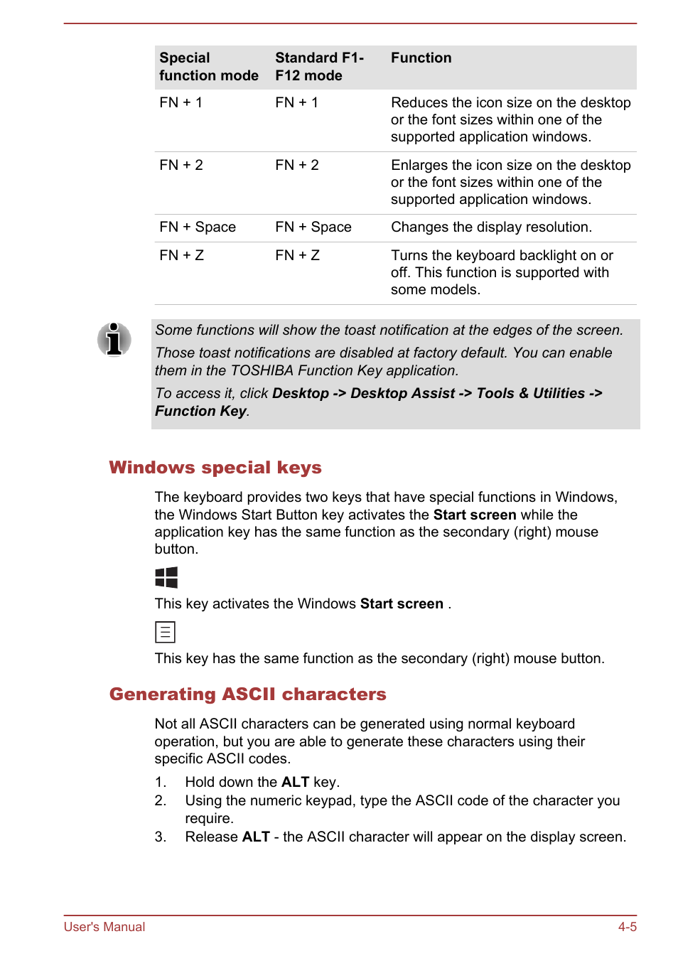Windows special keys, Generating ascii characters | Toshiba Satellite P70-A User Manual | Page 52 / 159