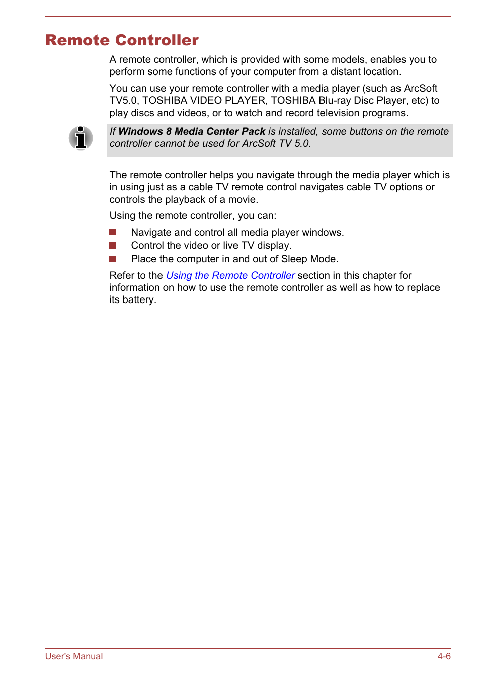 Remote controller, Remote controller -6 | Toshiba Satellite P70-A User Manual | Page 53 / 159