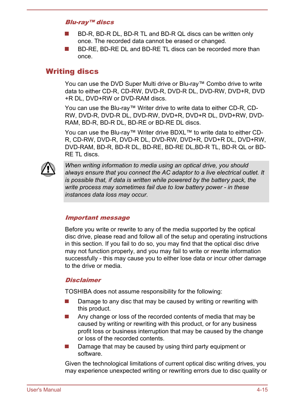 Writing discs | Toshiba Satellite P70-A User Manual | Page 62 / 159
