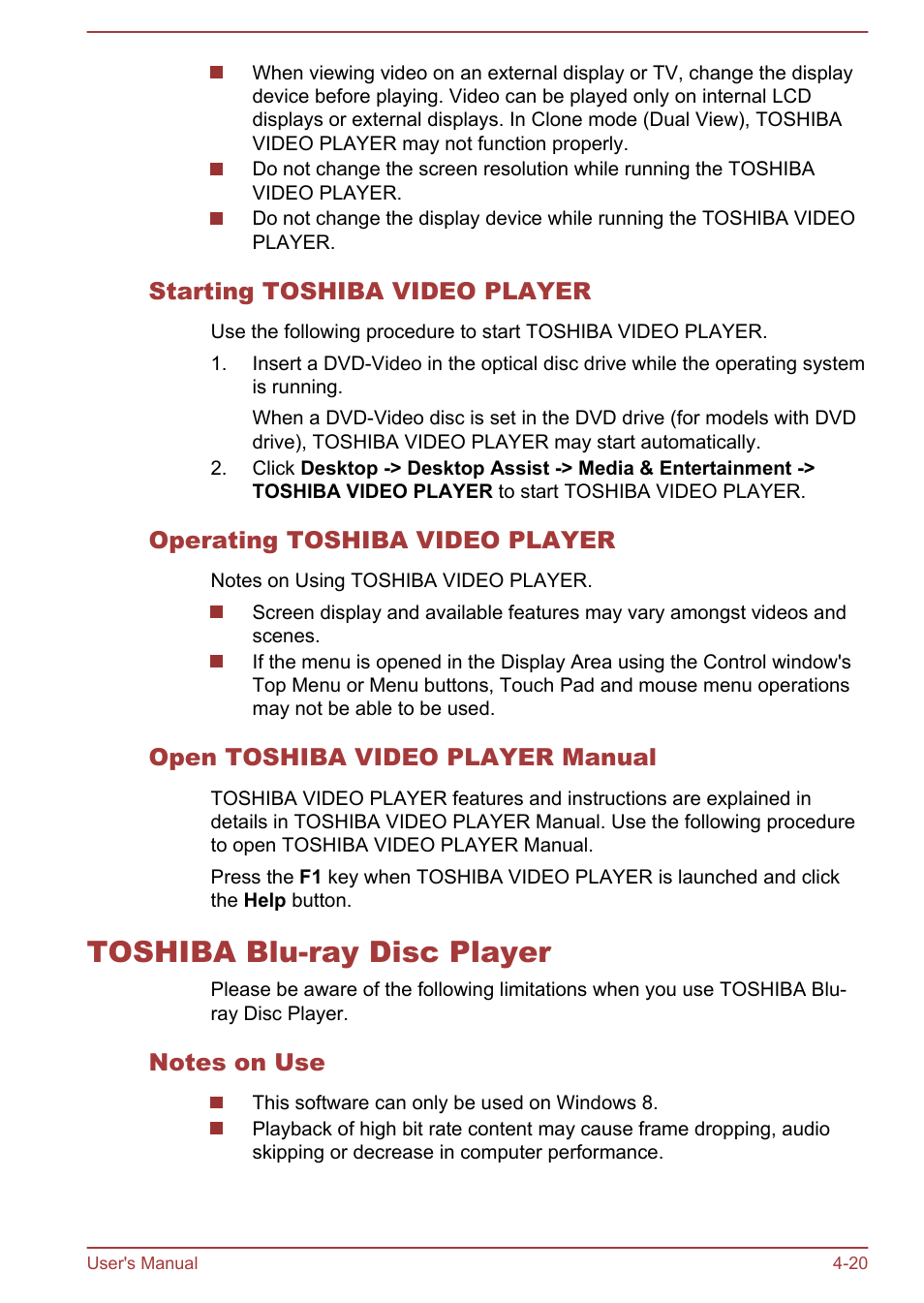 Starting toshiba video player, Operating toshiba video player, Open toshiba video player manual | Toshiba blu-ray disc player, Notes on use, Toshiba blu-ray disc player -20 | Toshiba Satellite P70-A User Manual | Page 67 / 159