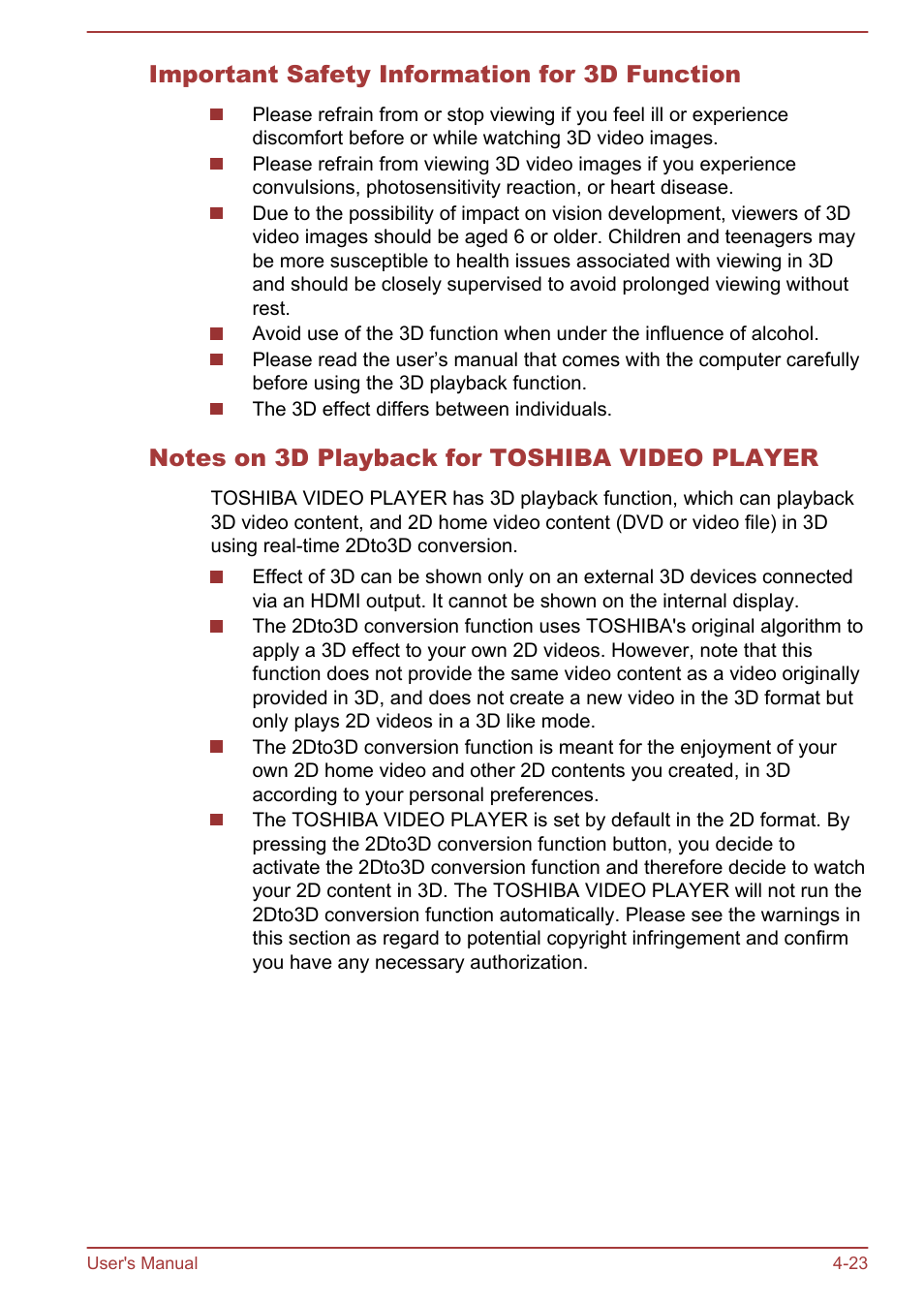 Important safety information for 3d function, Notes on 3d playback for toshiba video player | Toshiba Satellite P70-A User Manual | Page 70 / 159