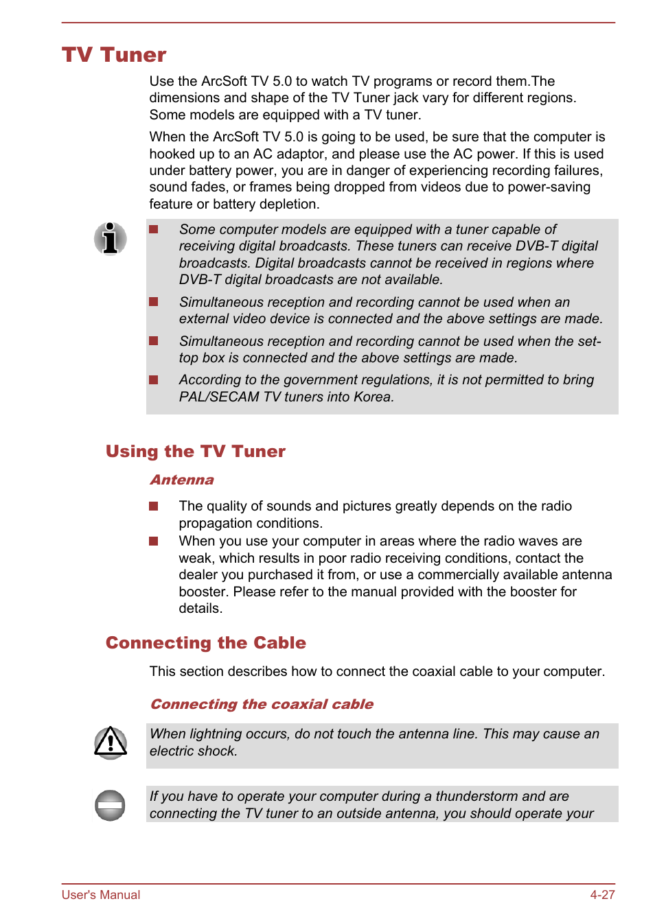 Tv tuner, Using the tv tuner, Connecting the cable | Tv tuner -27 | Toshiba Satellite P70-A User Manual | Page 74 / 159