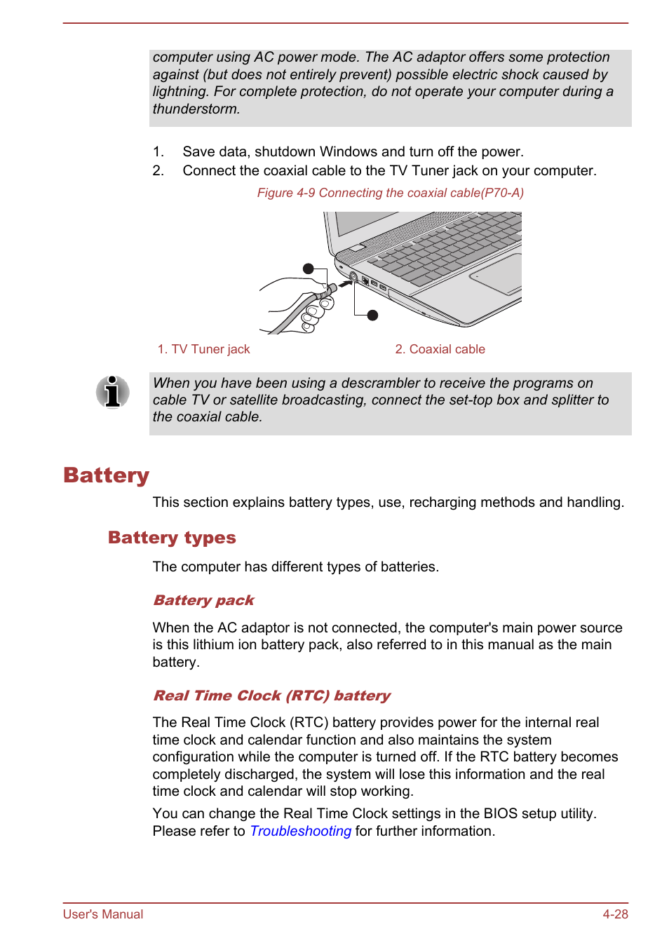 Battery, Battery types, Battery -28 | Toshiba Satellite P70-A User Manual | Page 75 / 159
