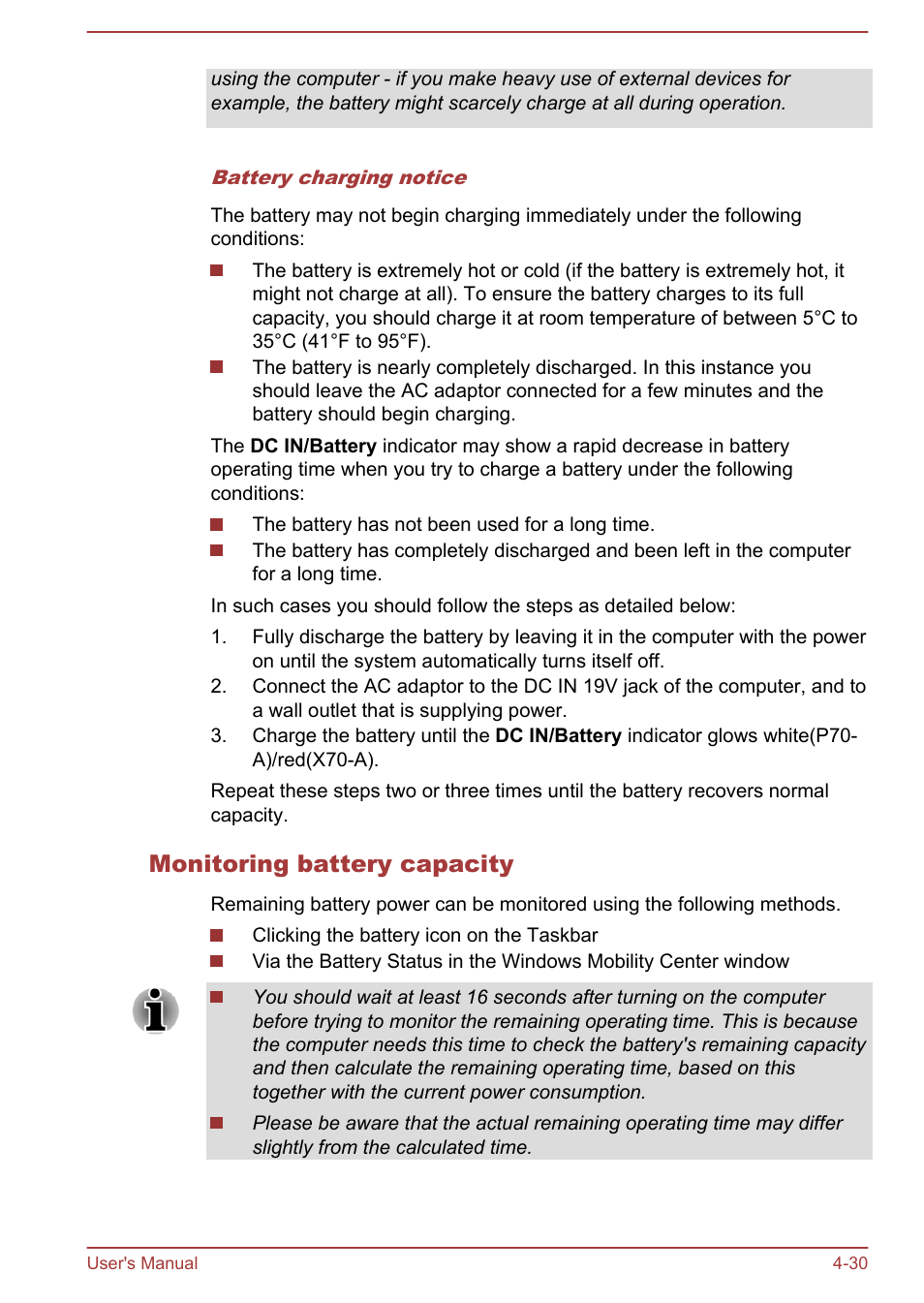 Monitoring battery capacity | Toshiba Satellite P70-A User Manual | Page 77 / 159