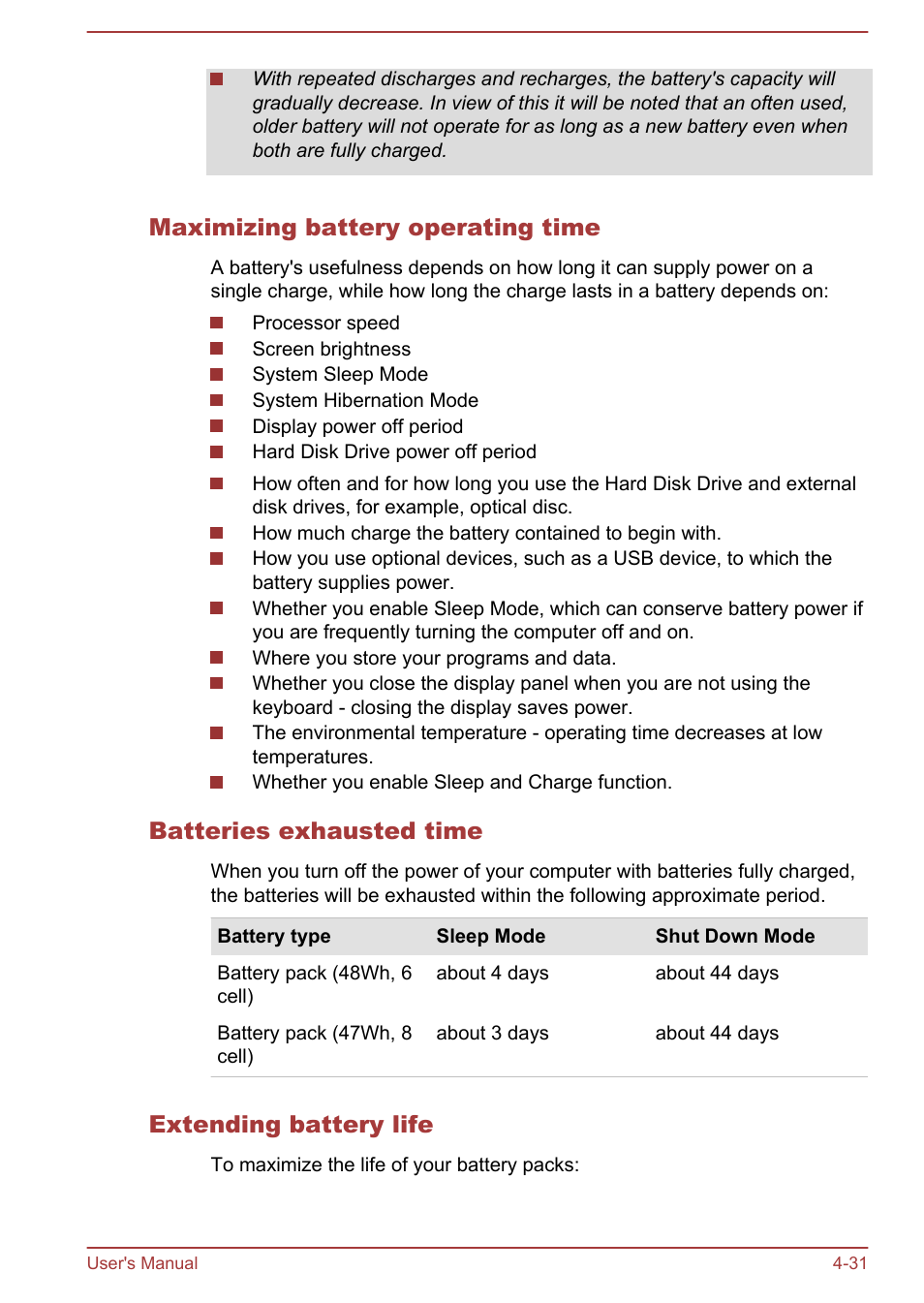 Maximizing battery operating time, Batteries exhausted time, Extending battery life | Toshiba Satellite P70-A User Manual | Page 78 / 159