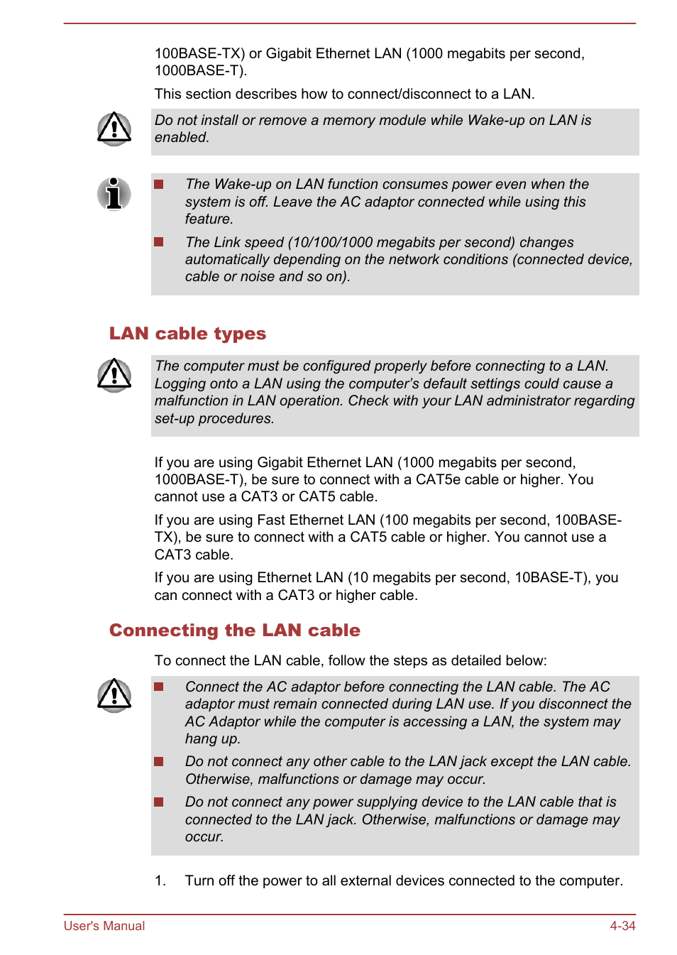 Lan cable types, Connecting the lan cable | Toshiba Satellite P70-A User Manual | Page 81 / 159