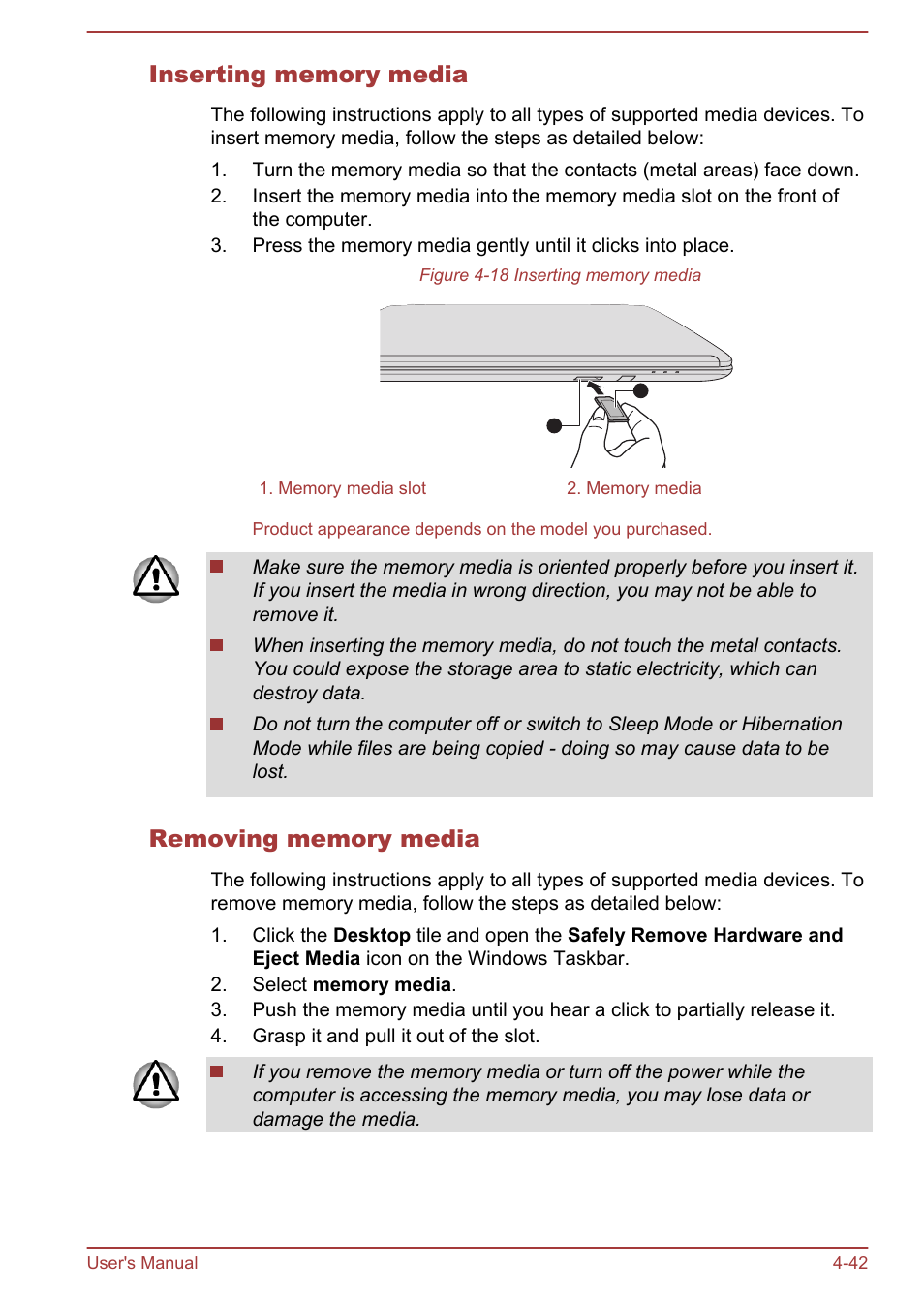 Inserting memory media, Removing memory media | Toshiba Satellite P70-A User Manual | Page 89 / 159