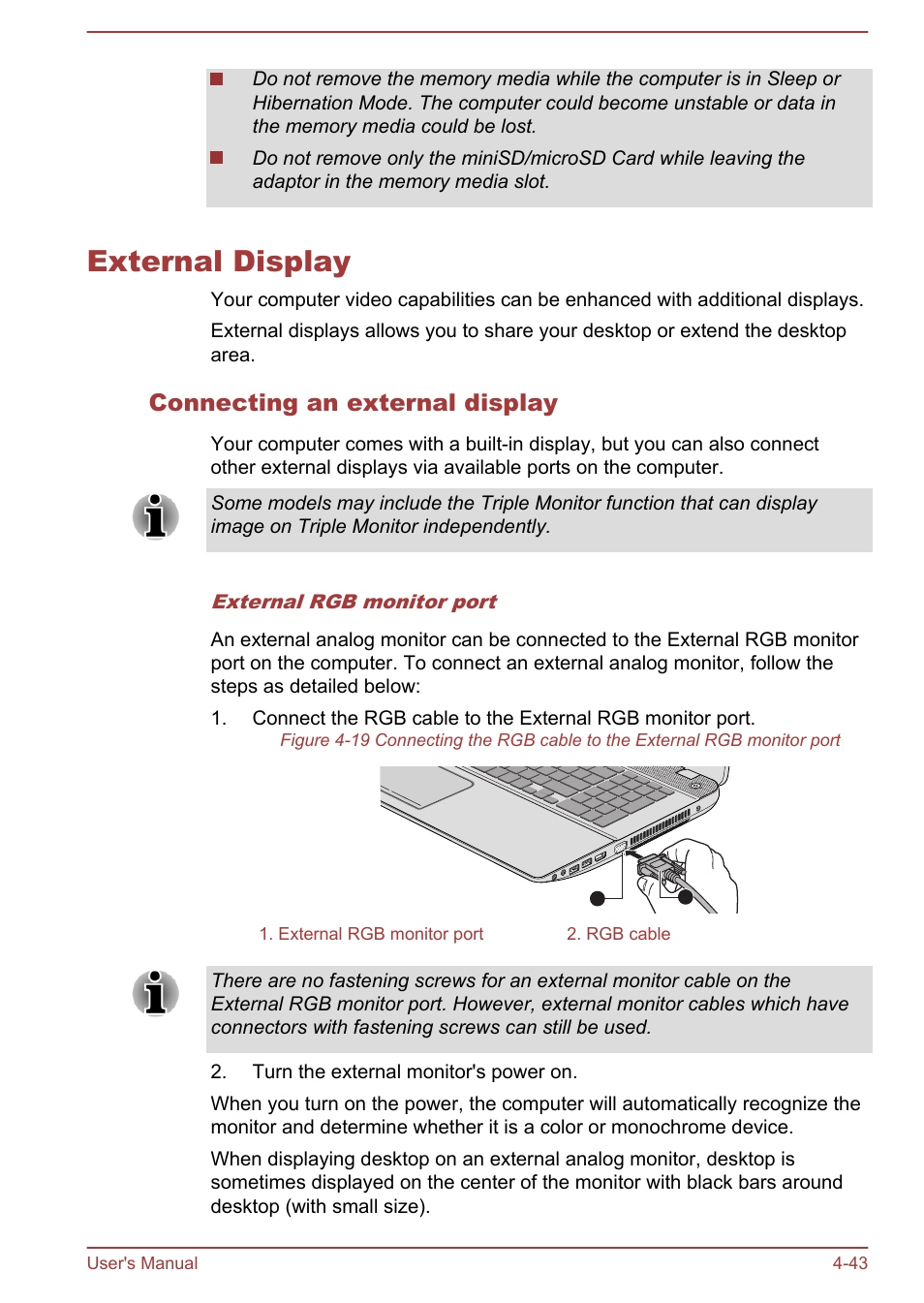External display, Connecting an external display, External display -43 | Toshiba Satellite P70-A User Manual | Page 90 / 159