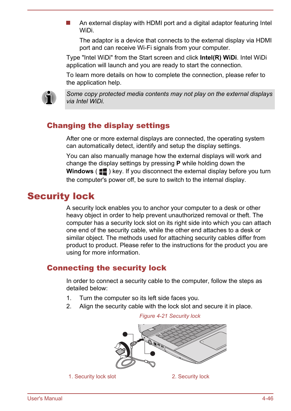 Changing the display settings, Security lock, Connecting the security lock | Security lock -46 | Toshiba Satellite P70-A User Manual | Page 93 / 159