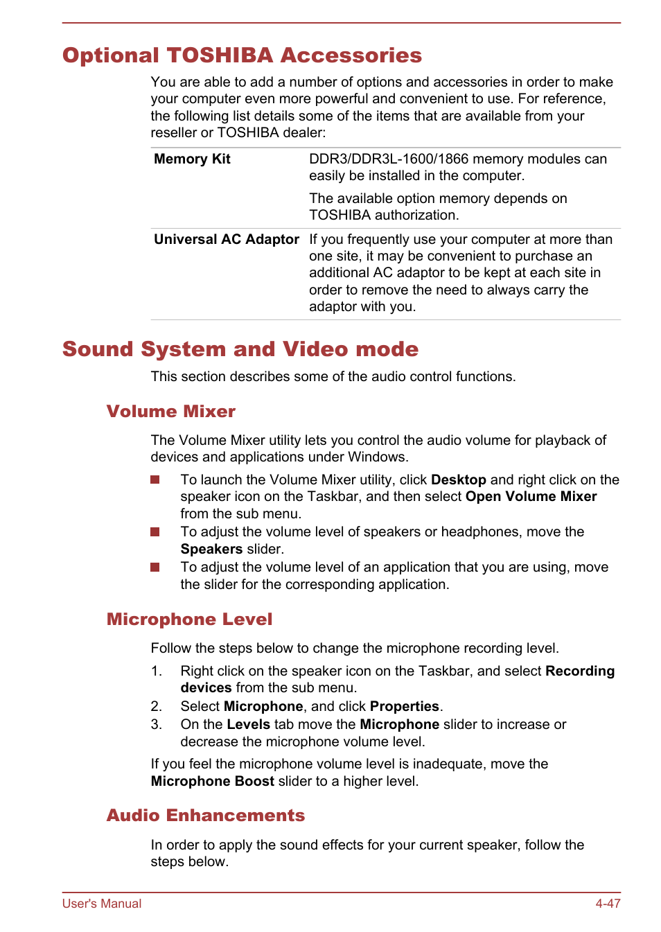 Optional toshiba accessories, Sound system and video mode, Volume mixer | Microphone level, Audio enhancements, To the | Toshiba Satellite P70-A User Manual | Page 94 / 159