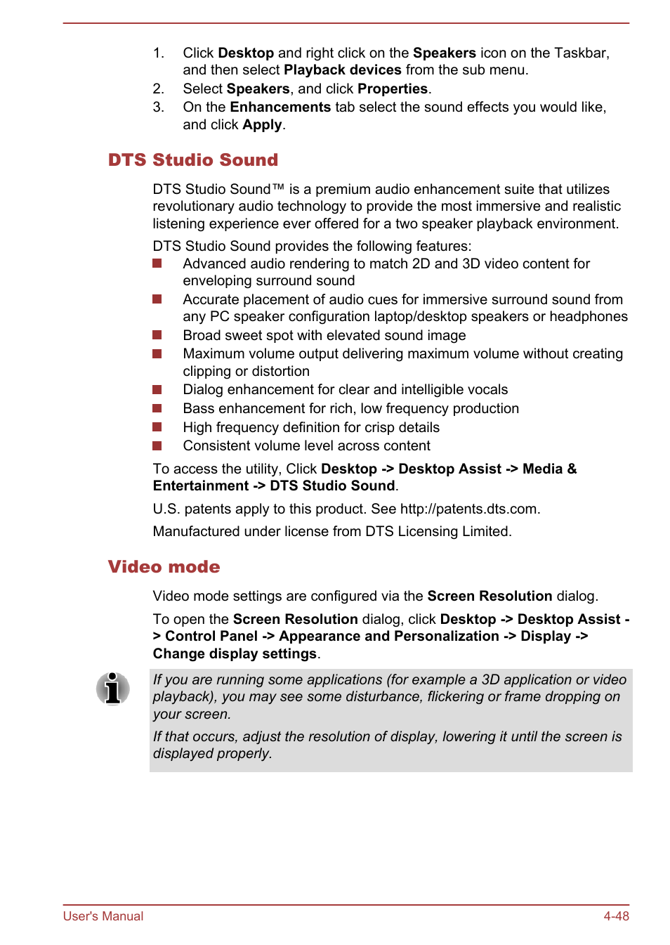 Dts studio sound, Video mode | Toshiba Satellite P70-A User Manual | Page 95 / 159