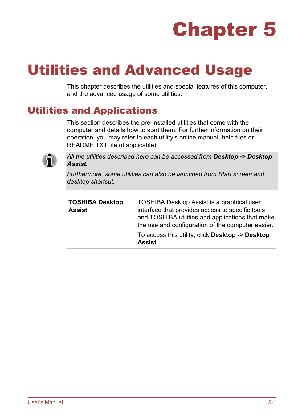 Chapter 5 utilities and advanced usage, Utilities and applications, Chapter 5 | Utilities and advanced usage, Utilities and applications -1 | Toshiba Satellite P70-A User Manual | Page 96 / 159