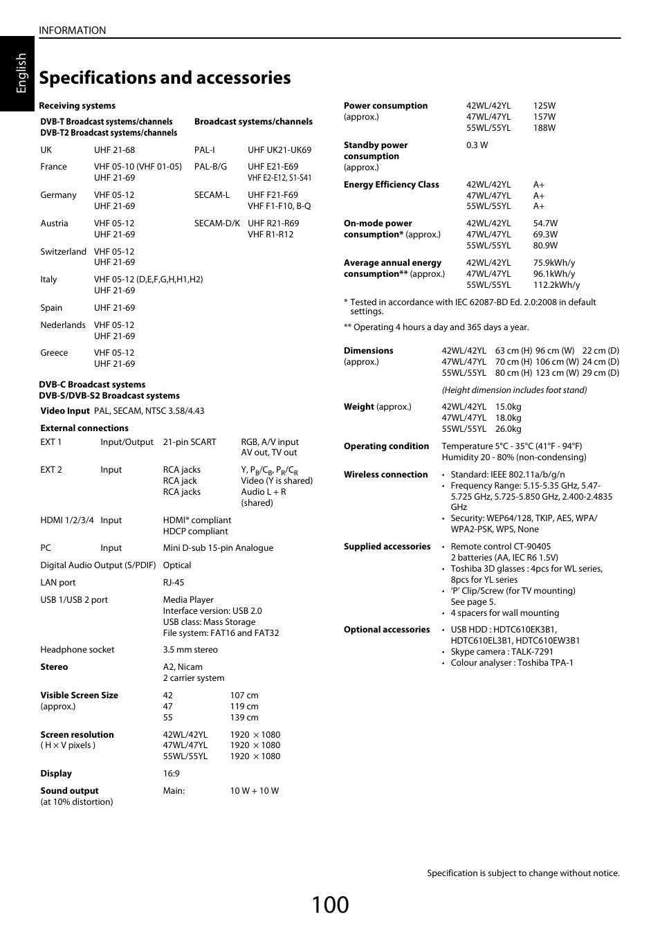 Specifications and accessories, English | Toshiba YL985 User Manual | Page 100 / 102