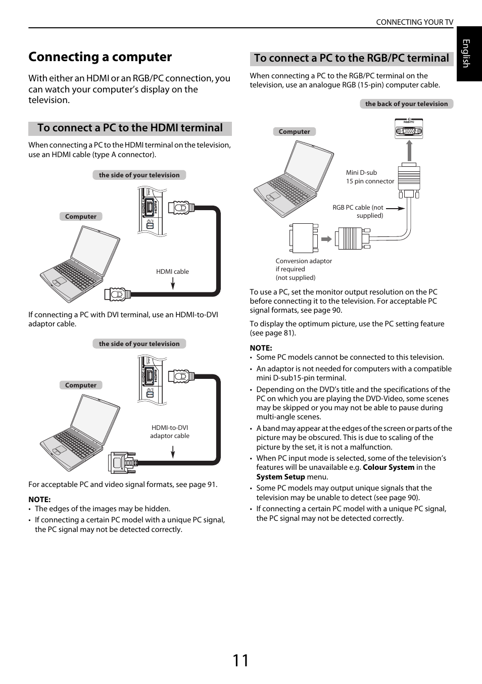 Connecting a computer, To connect a pc to the hdmi terminal, To connect a pc to the rgb/pc terminal | Toshiba YL985 User Manual | Page 11 / 102