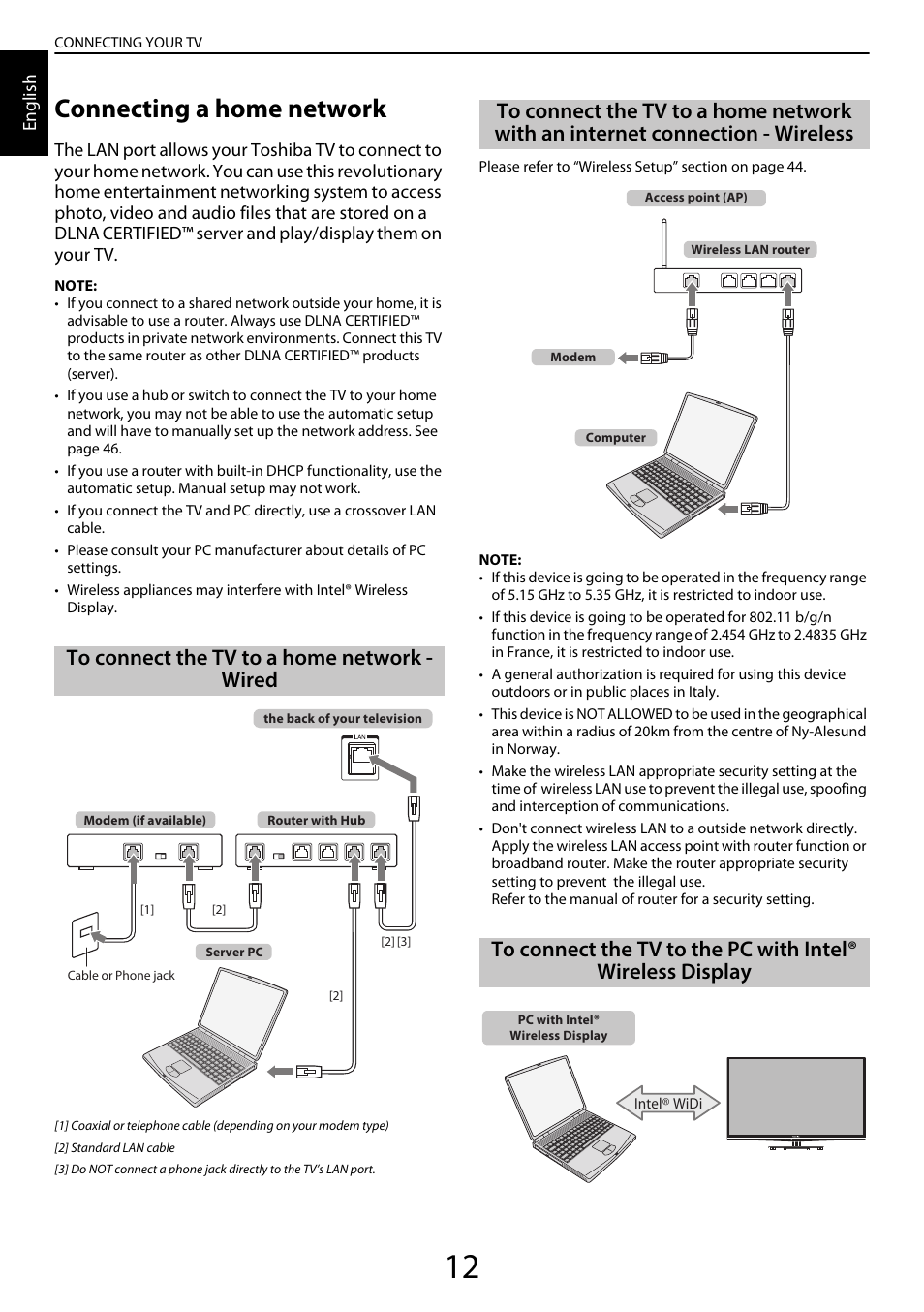 Connecting a home network, To connect the tv to a home network - wired, Internet connection - wireless | To connect the tv to the pc with, Intel® wireless display | Toshiba YL985 User Manual | Page 12 / 102