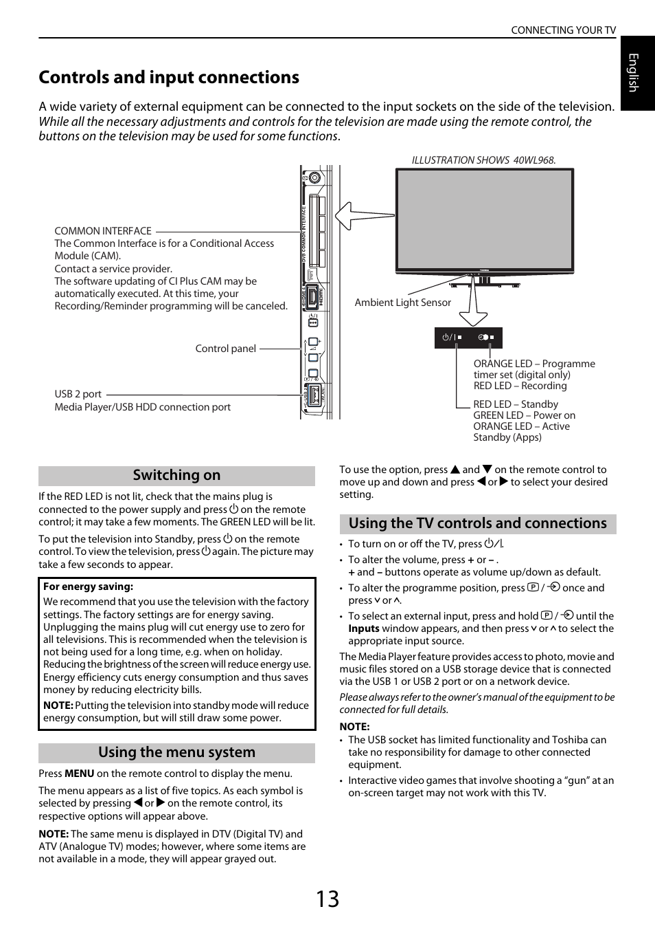 Controls and input connections, Switching on, Using the menu system | Using the tv controls and connections | Toshiba YL985 User Manual | Page 13 / 102