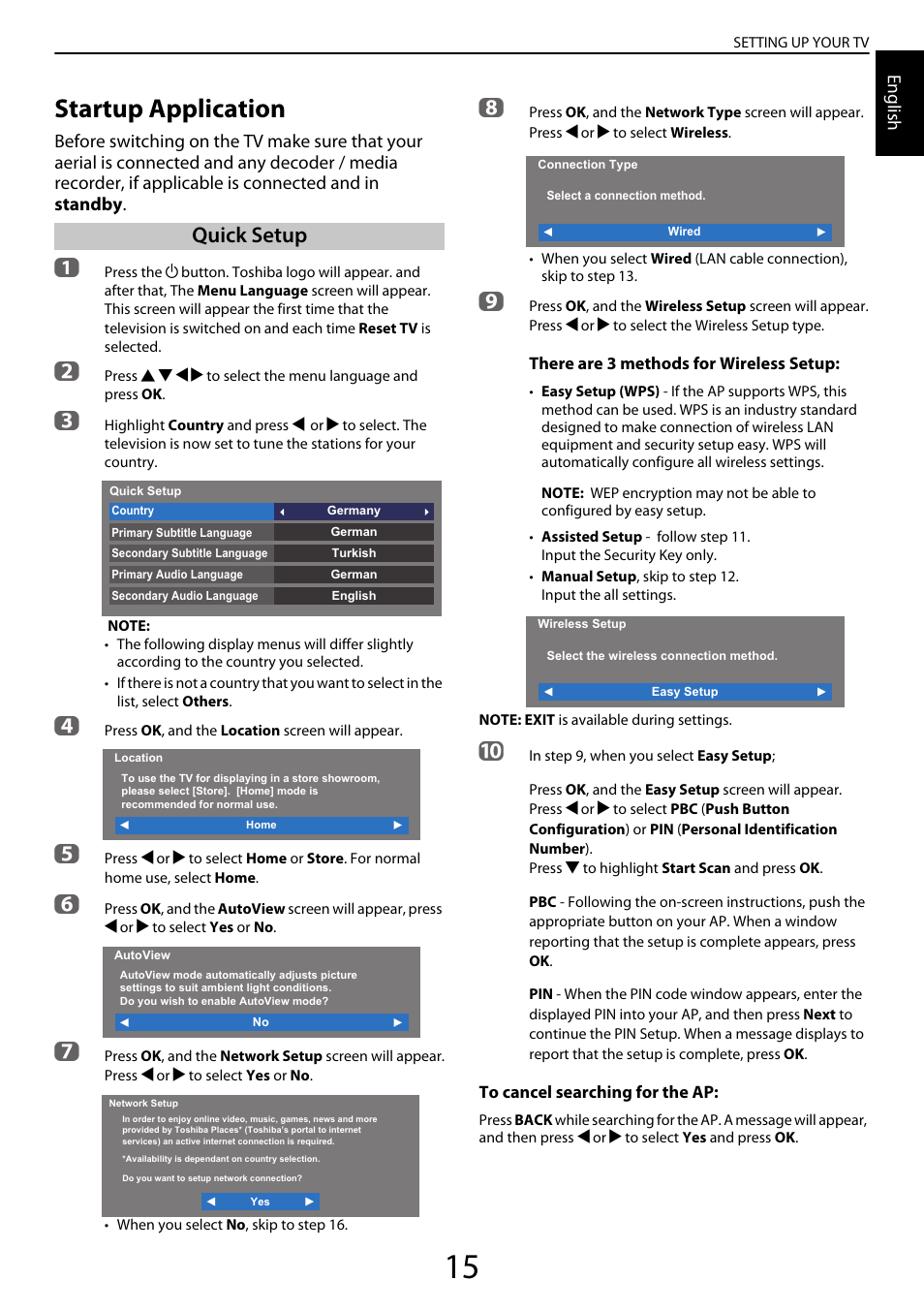 Setting up your tv, Startup application, Quick setup | Toshiba YL985 User Manual | Page 15 / 102