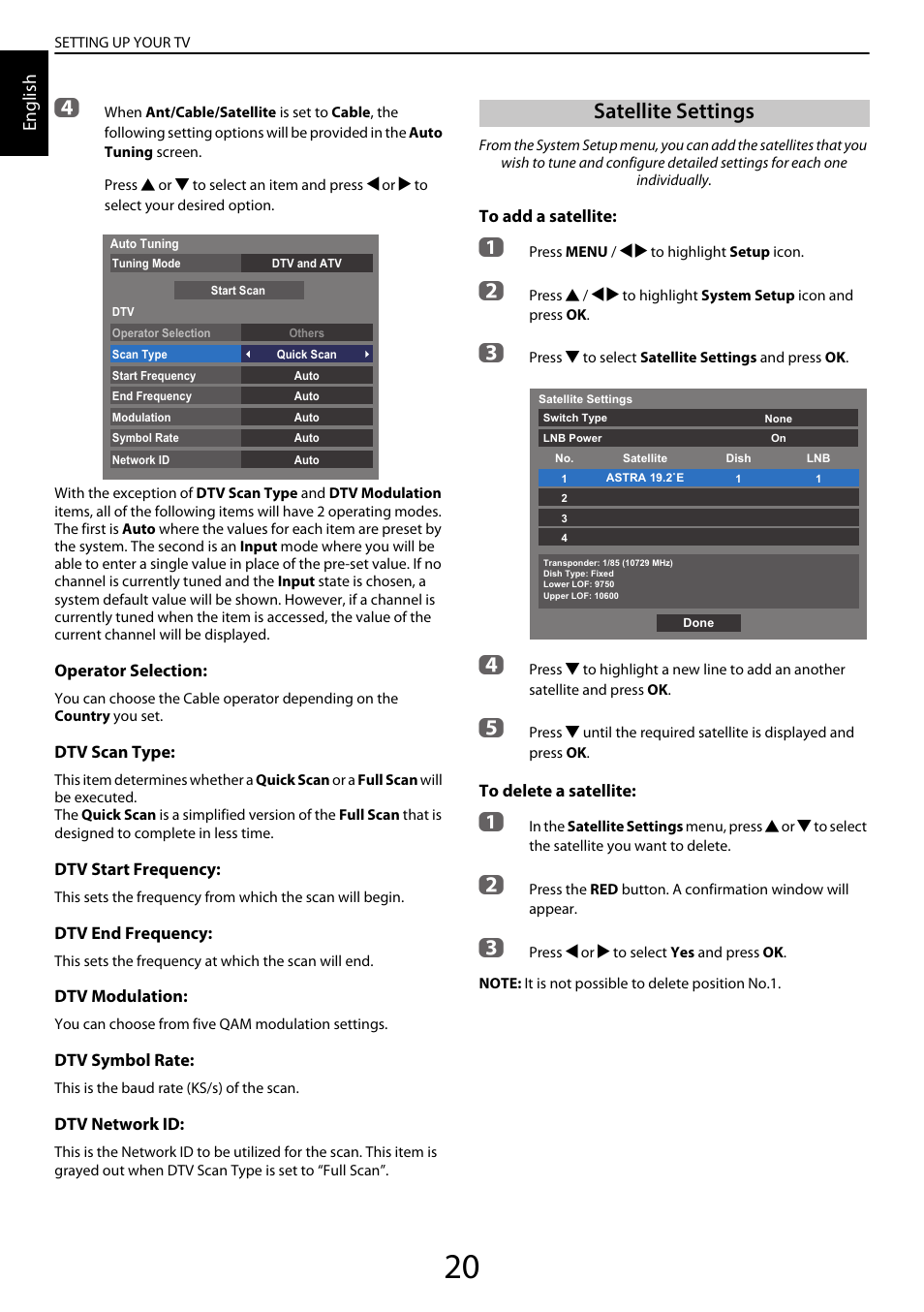 Satellite settings | Toshiba YL985 User Manual | Page 20 / 102